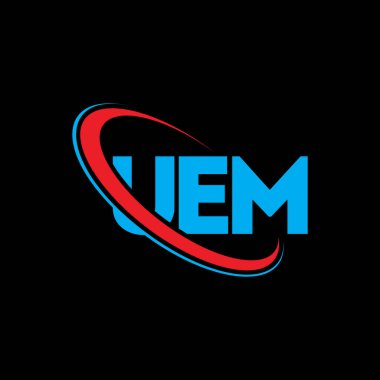UEM logosu. UEM mektubu. UEM mektup logosu tasarımı. Çember ve büyük harfli monogram logosuyla birleştirilmiş UEM logosu. Teknoloji, iş ve emlak markası için UEM tipografisi.