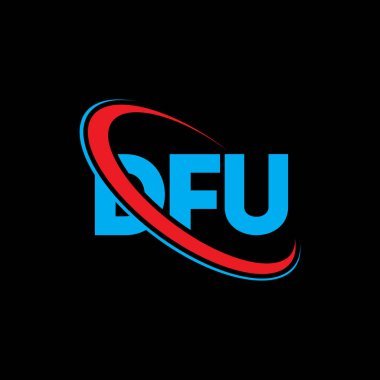 DFU logosu. DFU mektubu. DFU mektup logosu tasarımı. Daire ve büyük harfli monogram logosuna bağlı DFU logosu. DFU teknoloji, iş ve emlak markası tipografisi.