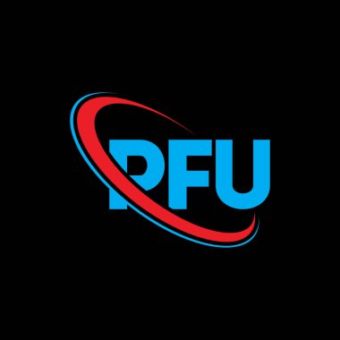 PFU logosu. PFU mektubu. PFU harf logosu tasarımı. Çember ve büyük harfli monogram logosuyla birleştirilmiş PFU logosu. Teknoloji, iş ve emlak markası için PFU tipografisi.