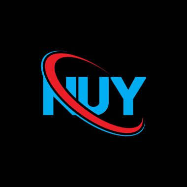 NUY logosu. NUY harfi. NUY harf logosu tasarımı. Çember ve büyük harfli monogram logosuna bağlı NUY logosu. Teknoloji, iş ve emlak markası için NUY tipografisi.