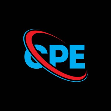 CPE logosu. CPE mektubu. CPE harf logosu tasarımı. Çember ve büyük harfli monogram logosuyla birleştirilmiş CPE logosu. Teknoloji, iş ve emlak markası için CPE tipografisi.