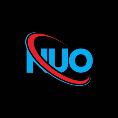 NUO logosu. NUO mektubu. NUO harf logosu tasarımı. Çember ve büyük harfli monogram logosuna bağlı baş harfler NUO logosu. Teknoloji, iş ve emlak markası için NUO tipografisi.