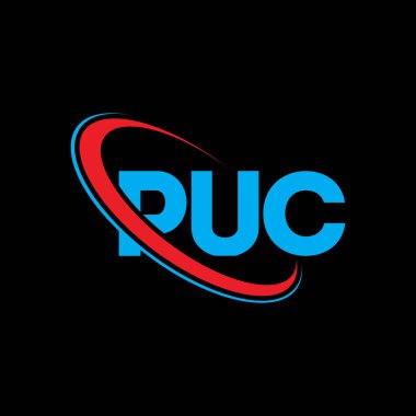 PUC logosu. PUC mektubu. PUC mektup logosu tasarımı. Çember ve büyük harfli monogram logosuna bağlı PUC logosu. PUC teknoloji, iş ve emlak markası tipografisi.