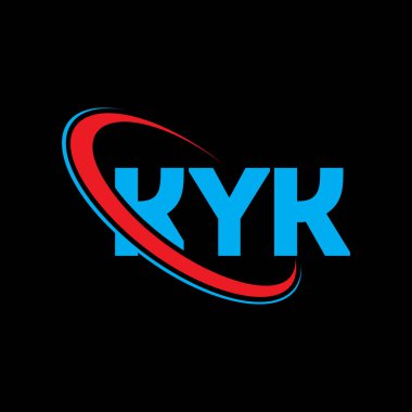 KYK logosu. KYK mektubu. KYK mektup logosu tasarımı. Çember ve büyük harfli monogram logosuna bağlı KYK logosunun baş harfleri. Teknoloji, iş ve emlak markası için KYK tipografisi.