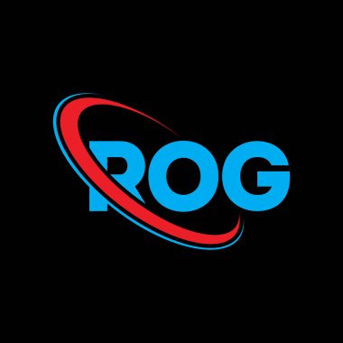 ROG logosu. ROG mektubu. ROG harf logosu tasarımı. Çember ve büyük harfli monogram logosuyla birleştirilmiş ROG logosu. Teknoloji, iş ve emlak markası için ROG tipografisi.