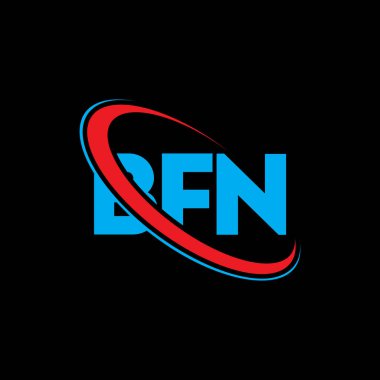 BFN logosu. BFN mektubu. BFN harf logosu tasarımı. Çember ve büyük harfli monogram logosuna bağlı baş harfler BFN logosu. Teknoloji, iş ve emlak markası için BFN tipografisi.