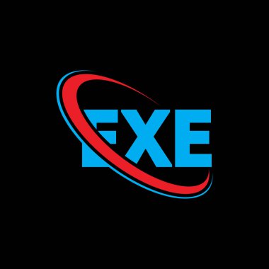 Exe logosu. Exe mektubu. EXE harf logosu tasarımı. Çember ve büyük harfli monogram logosuyla birleştirilmiş EXE logosu. Teknoloji, iş ve emlak markaları için EXE tipografisi.