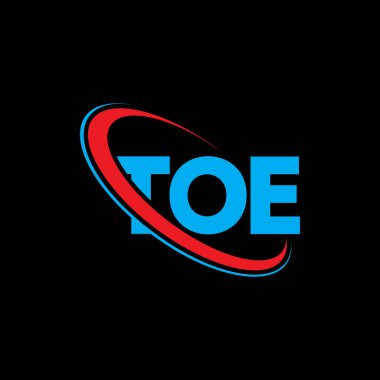 Toe logosu. Ayak parmağı mektubu. TOE harf logosu tasarımı. Çember ve büyük harfli monogram logosuna bağlı baş harfler TOE logosu. Teknoloji, iş ve emlak markası için TOE tipografisi.