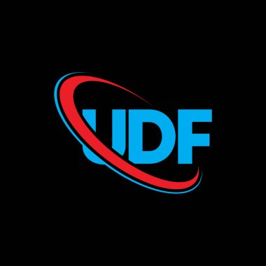 UDF logosu. UDF mektubu. UDF harf logosu tasarımı. Çember ve büyük harfli monogram logosuna bağlı ilk UDF logosu. Teknoloji, iş ve emlak markası için UDF tipografisi.
