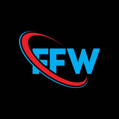 FFW logosu. FFW mektubu. FFW harf logosu tasarımı. Çember ve büyük harfli monogram logosuyla birleştirilmiş FFW logosu. Teknoloji, iş ve emlak markası için FFW tipografisi.