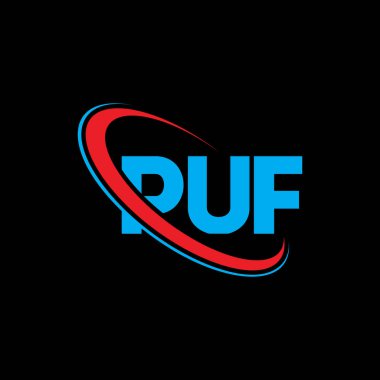 PUF logosu. PUF mektubu. PUF mektup logosu tasarımı. Çember ve büyük harfli monogram logosuna bağlı PUF logosu. Teknoloji, iş ve emlak markası için PUF tipografisi.