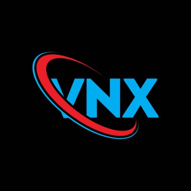 VNX logosu. VNX mektubu. VNX harfli logo tasarımı. Çember ve büyük harfli monogram logosuna bağlı VNX logosu. Teknoloji, iş ve emlak markası için VNX tipografisi.