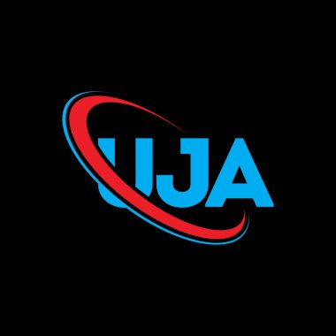 UJA logosu. UJA mektubu. UJA mektup logosu tasarımı. Çember ve büyük harfli monogram logosuna bağlı UJA logosu. Teknoloji, iş ve emlak markası için UJA tipografisi.
