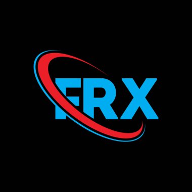 FRX logosu. FRX mektubu. FRX harfli logo tasarımı. Çember ve büyük harfli monogram logosuna bağlı FRX logosu. Teknoloji, iş ve emlak markası için FRX tipografisi.