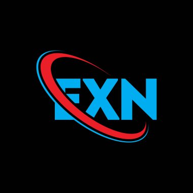 EXN logosu. EXN mektubu. EXN harf logosu tasarımı. Çember ve büyük harfli monogram logosuyla birleştirilmiş EXN logosu. Teknoloji, iş ve emlak markası için EXN tipografisi.
