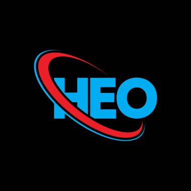 HEO logosu. HEO mektubu. HEO harf logosu tasarımı. Çember ve büyük harfli monogram logosuna bağlı HEO logosu. Teknoloji, iş ve emlak markası için HEO tipografisi.