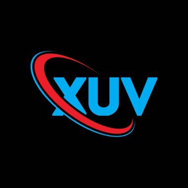 XUV logosu. XUV harfi. XUV harf logosu tasarımı. Çember ve büyük harfli monogram logo ile birleştirilmiş XUV logosu. Teknoloji, iş ve emlak markası için XUV tipografisi.