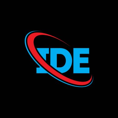 IDE logosu. IDE mektubu. IDE harf logosu tasarımı. Daire ve büyük harfli monogram logosuna bağlı ilk IDE logosu. Teknoloji, iş ve emlak markası için IDE tipografisi.
