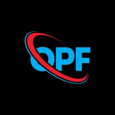 OPF logosu. OPF mektubu. OPF mektup logosu tasarımı. Çember ve büyük harfli monogram logosuna bağlı OPF logosu. Teknoloji, iş ve emlak markası için OPF tipografisi.