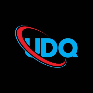 UDQ logosu. UDQ mektubu. UDQ harf logosu tasarımı. Çember ve büyük harfli monogram logosuna bağlı ilk UDQ logosu. Teknoloji, iş ve emlak markası için UDQ tipografisi.