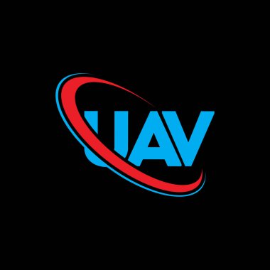 UAV logosu. İHA mektubu. UAV harf logosu tasarımı. Çember ve büyük harfli monogram logosuna bağlı UAV logosu. Teknoloji, iş ve emlak markası için UAV tipografisi.