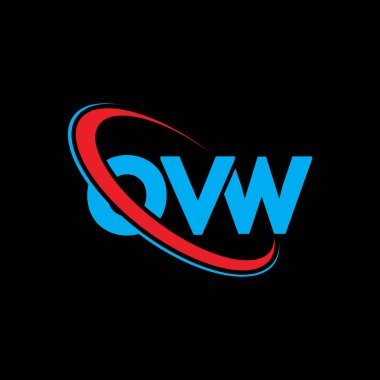 OVW logosu. OVW mektubu. OVW harf logosu tasarımı. Çember ve büyük harfli monogram logosuna bağlı OVW logosu. Teknoloji, iş ve emlak markası için OVW tipografisi.