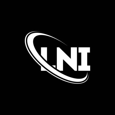 LNI logosu. LNI mektubu. LNI harf logosu tasarımı. Çember ve büyük harfli monogram logosuna bağlı ilk LNI logosu. Teknoloji, iş ve emlak markası için LNI tipografisi.