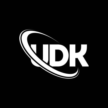 UDK logosu. UDK mektubu. UDK harf logosu tasarımı. Çember ve büyük harfli monogram logosuna bağlı ilk UDK logosu. Teknoloji, iş ve emlak markası için UDK tipografisi.