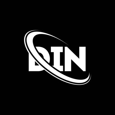 DIN logosu. DIN mektubu. DIN mektup logosu tasarımı. Daire ve büyük harfli monogram logosuna bağlı DIN logosu. Teknoloji, iş ve emlak markası için DIN tipografisi.