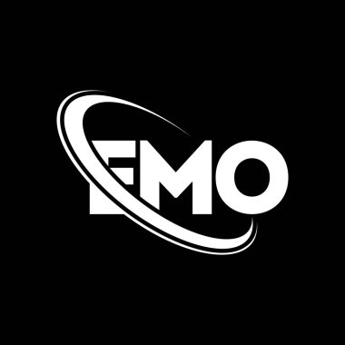 EMO logosu. EMO mektubu. EMO mektup logosu tasarımı. Çember ve büyük harfli monogram logosuna bağlı EMO logosu. Teknoloji, iş ve emlak markası için EMO tipografisi.