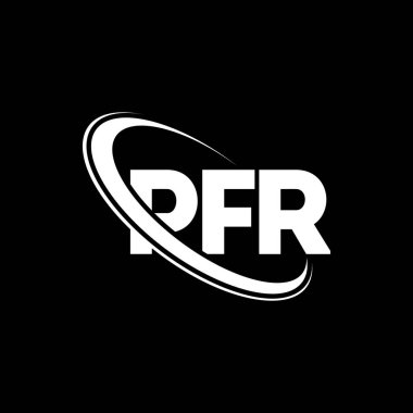 PFR logosu. PFR mektubu. PFR harf logosu tasarımı. Çember ve büyük harfli monogram logosuna bağlı PFR logosu. Teknoloji, iş ve emlak markası için PFR tipografisi.