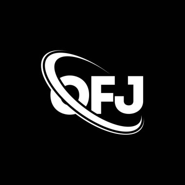 OFJ logosu. OFJ mektubu. OFJ harf logosu tasarımı. Çember ve büyük harfli monogram logosuna bağlı OFJ logosu. Teknoloji, iş ve emlak markası için OFJ tipografisi.
