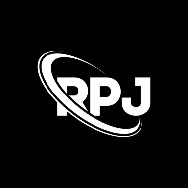 RPJ logosu. RPJ mektubu. RPJ harf logosu tasarımı. Çember ve büyük harfli monogram logosuyla birleştirilmiş RPJ logosu. Teknoloji, iş ve emlak markası için RPJ tipografisi.
