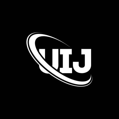 UIJ logosu. UIJ mektubu. UIJ mektup logosu tasarımı. Çember ve büyük harfli monogram logosuyla birleştirilmiş UIJ logosu. UIJ teknoloji, iş ve gayrimenkul markası tipografisi.