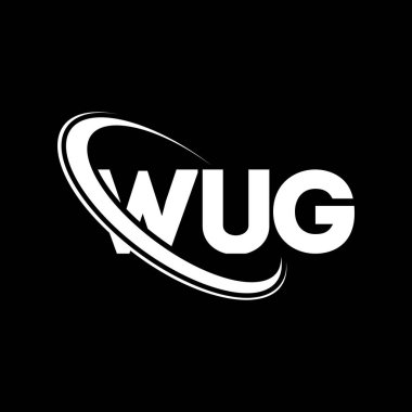 WUG logosu. WUG mektubu. WUG harf logosu tasarımı. Çember ve büyük harfli monogram logosuna bağlı WUG logosunun baş harfleri. Teknoloji, iş ve emlak markası için WUG tipografisi.