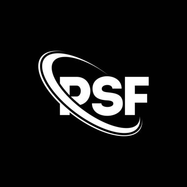 PSF logosu. PSF mektubu. PSF mektup logosu tasarımı. Çember ve büyük harfli monogram logosuna bağlı ilk PSF logosu. Teknoloji, iş ve emlak markası için PSF tipografisi.