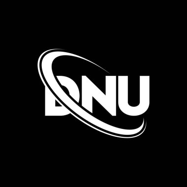 DNU logosu. DNU mektubu. DNU mektup logosu tasarımı. Daire ve büyük harfli monogram logosuyla birleştirilmiş DNU logosu. Teknoloji, iş ve emlak markası için DNU tipografisi.