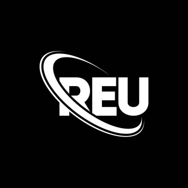 REU logosu. Mektup. REU mektup logosu tasarımı. Çember ve büyük harfli monogram logosuna bağlı olan REU logosu. Teknoloji, iş ve emlak markası için REU tipografisi.