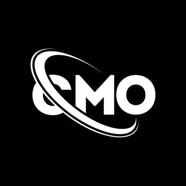 CMO logosu. CMO mektubu. CMO harf logosu tasarımı. Çember ve büyük harfli monogram logosuyla birleştirilmiş CMO logosu. Teknoloji, iş ve emlak markası için CMO tipografisi.