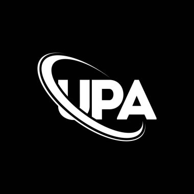 UPA logosu. UPA mektubu. UPA mektup logosu tasarımı. Çember ve büyük harfli monogram logosuna bağlı ilk UPA logosu. Teknoloji, iş ve emlak markası için UPA tipografisi.