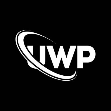 UWP logosu. UWP mektubu. UWP harf logosu tasarımı. Çember ve büyük harfli monogram logosuna bağlı baş harfler UWP logosu. Teknoloji, iş ve emlak markası için UWP tipografisi.
