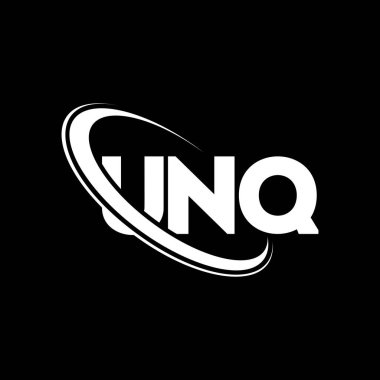 UNQ logosu. UNQ mektubu. UNQ harfi logo tasarımı. Çember ve büyük harfli monogram logosuyla UNQ logosunun baş harfleri. Teknoloji, iş ve emlak markası için UNQ tipografisi.