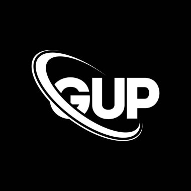 GUP logosu. GUP mektubu. GUP harf logosu tasarımı. Çember ve büyük harfli monogram logosuna bağlı GUP logosu. Teknoloji, iş ve emlak markası için GUP tipografisi.