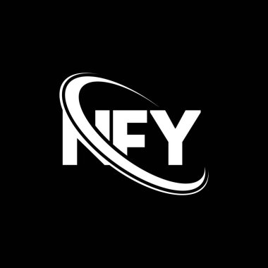 NFY logosu. NFY mektubu. NFY mektup logosu tasarımı. Çember ve büyük harfli monogram logosuna bağlı baş harfler NFY logosu. Teknoloji, iş ve emlak markası için NFY tipografisi.