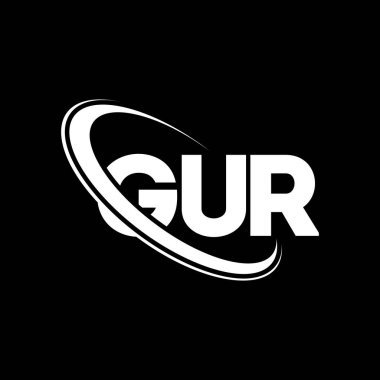 GUR logosu. GUR mektubu. GUR mektup logosu tasarımı. Çember ve büyük harfli monogram logosuna bağlı baş harfler GUR logosu. Teknoloji, iş ve emlak markası için GUR tipografisi.