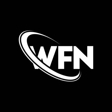 WFN logosu. WFN mektubu. WFN harf logosu tasarımı. Çember ve büyük harfli monogram logosuna bağlı baş harfler WFN logosu. Teknoloji, iş ve emlak markası için WFN tipografisi.