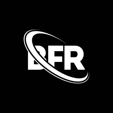 BFR logosu. BFR mektubu. BFR harf logosu tasarımı. Çember ve büyük harfli monogram logosuna bağlı BFR logosu. Teknoloji, iş ve emlak markası için BFR tipografisi.
