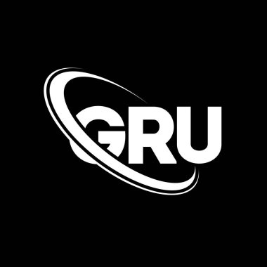 GRU logosu. GRU mektubu. GRU mektup logosu tasarımı. Çember ve büyük harfli monogram logosuna bağlı GRU logosu. GRU teknoloji, iş ve gayrimenkul markası tipografisi.