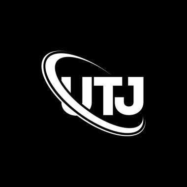 UTJ logosu. UTJ mektubu. UTJ harf logosu tasarımı. Çember ve büyük harfli monogram logosuna bağlı ilk UTJ logosu. Teknoloji, iş ve emlak markası için UTJ tipografisi.