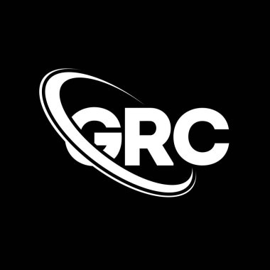 GRC logosu. GRC mektubu. GRC harf logosu tasarımı. Çember ve büyük harfli monogram logosuna bağlı GRC logosu. Teknoloji, iş ve emlak markası için GRC tipografisi.